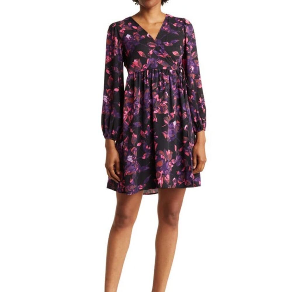 West K Floral Long Sleeve Wrap Dress In Purple Wine Size L Flouncy Hem V Neck